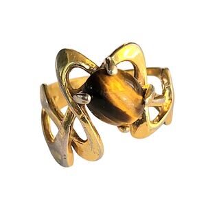 VTG Uncas Tiger Eye Gold Ring 18K HGE Modern Sz 6 Plated Estate Find MCM